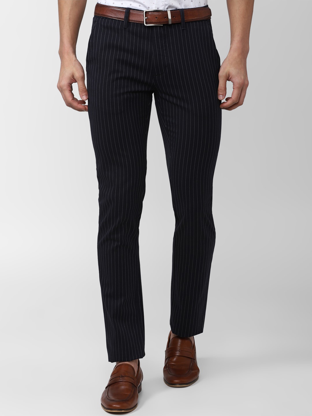 

V Dot Men Striped Slim Fit Trousers, Black