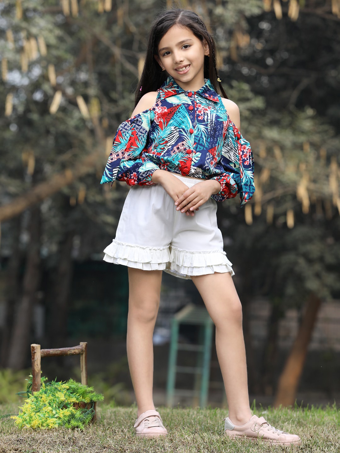 

Cutiekins Girls Printed Cold-Shoulder Top with Shorts Set, Blue