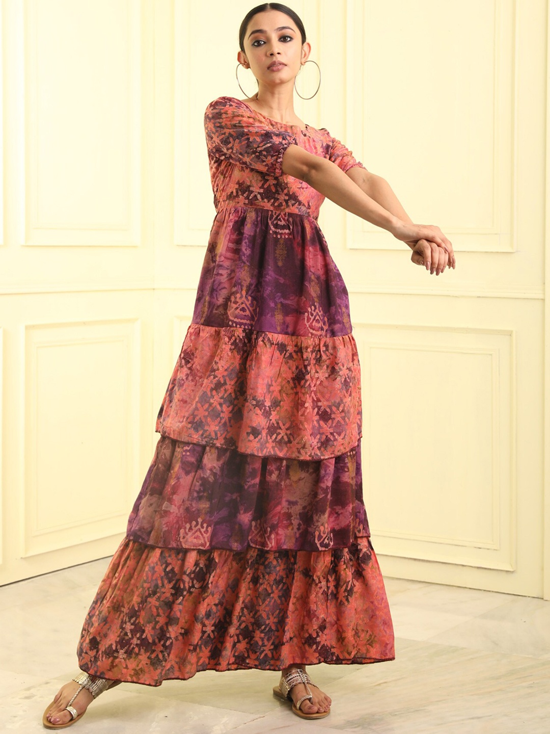 

BEATITUDE Women Batik Printed Pure Cotton Layered Maxi Gown, Peach