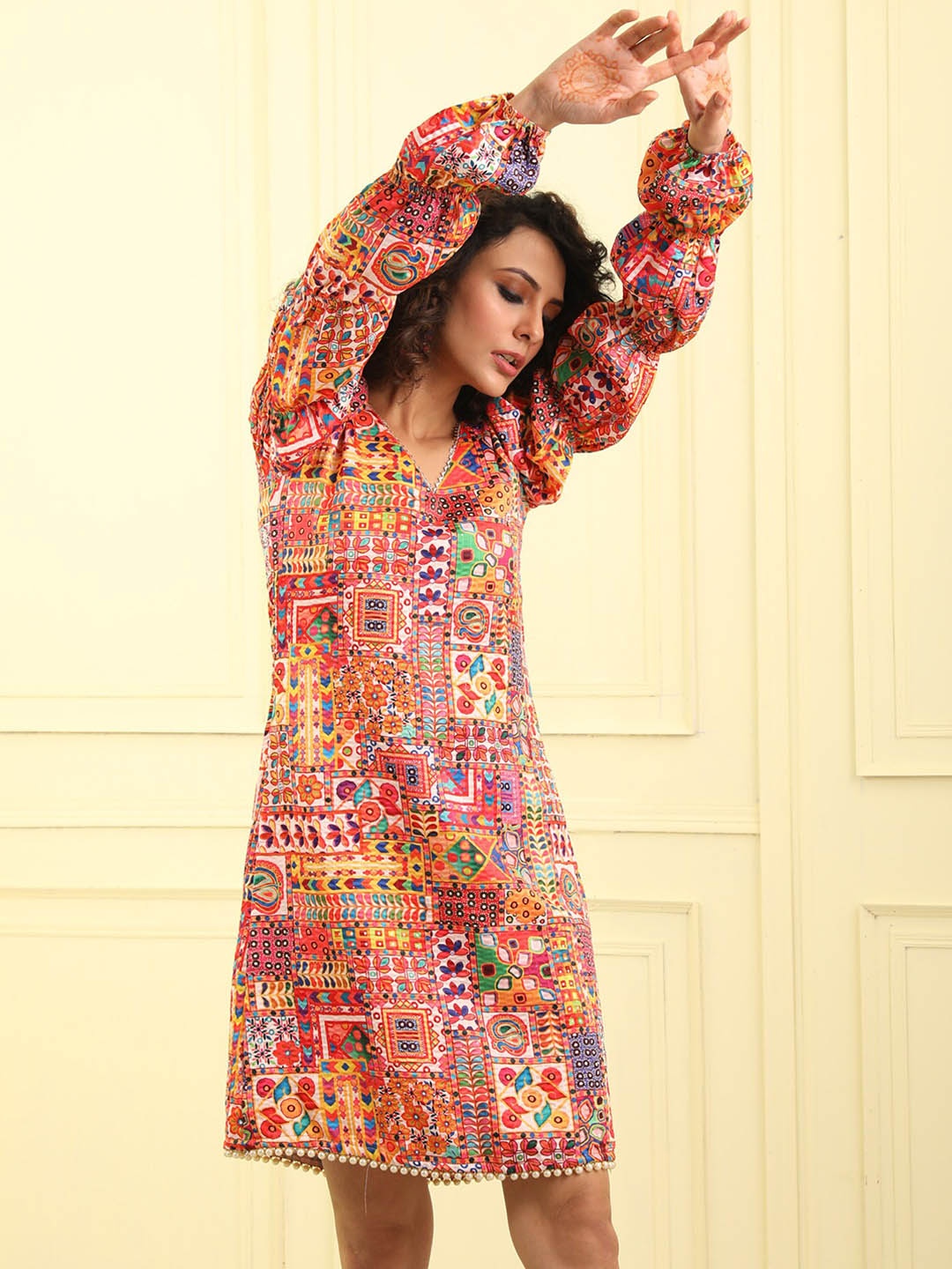 

BEATITUDE Women Printed Silk A-Line Dress, Orange