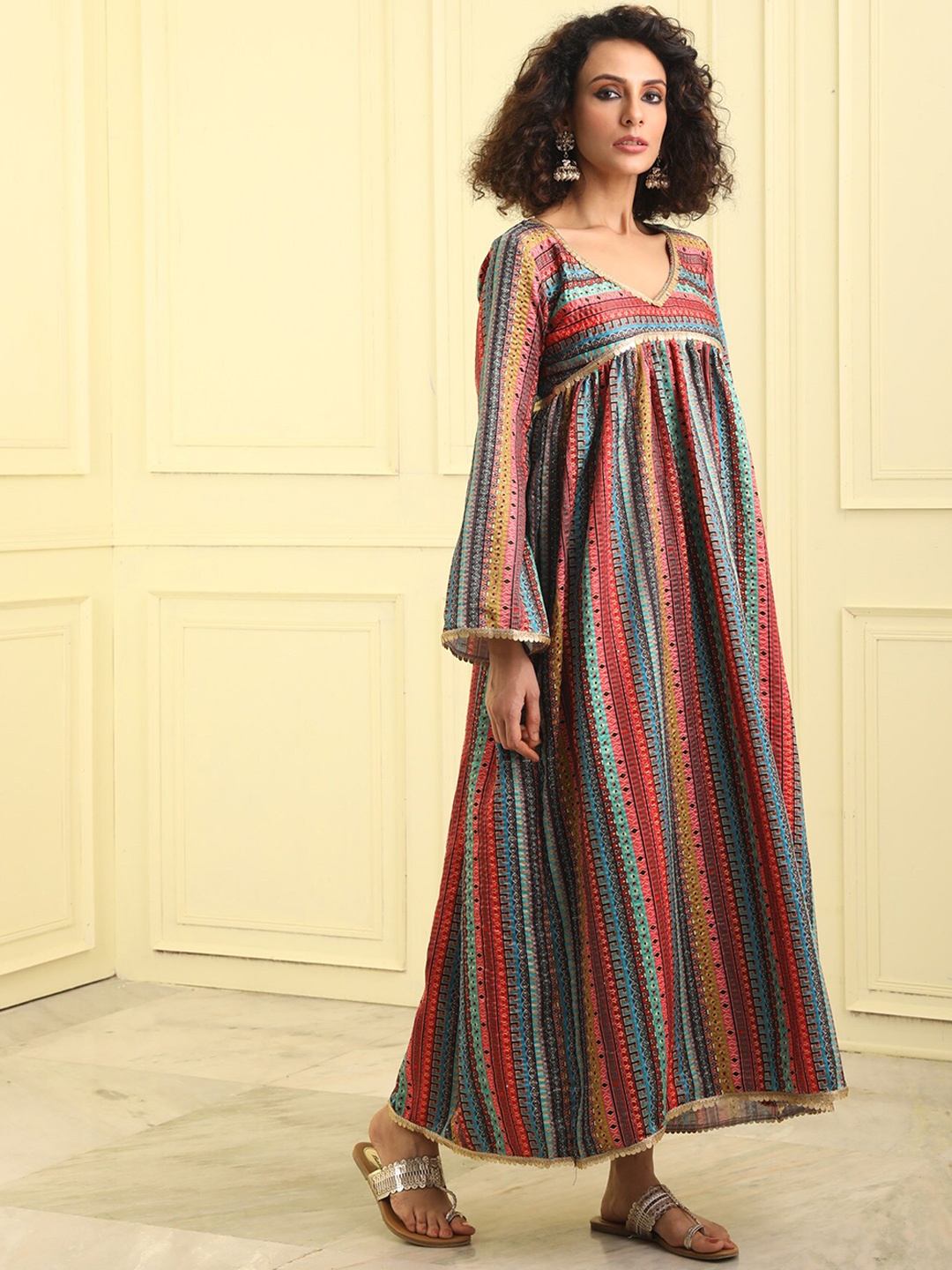 

BEATITUDE Kalamkari Printed Maxi Ethnic Dress, Red