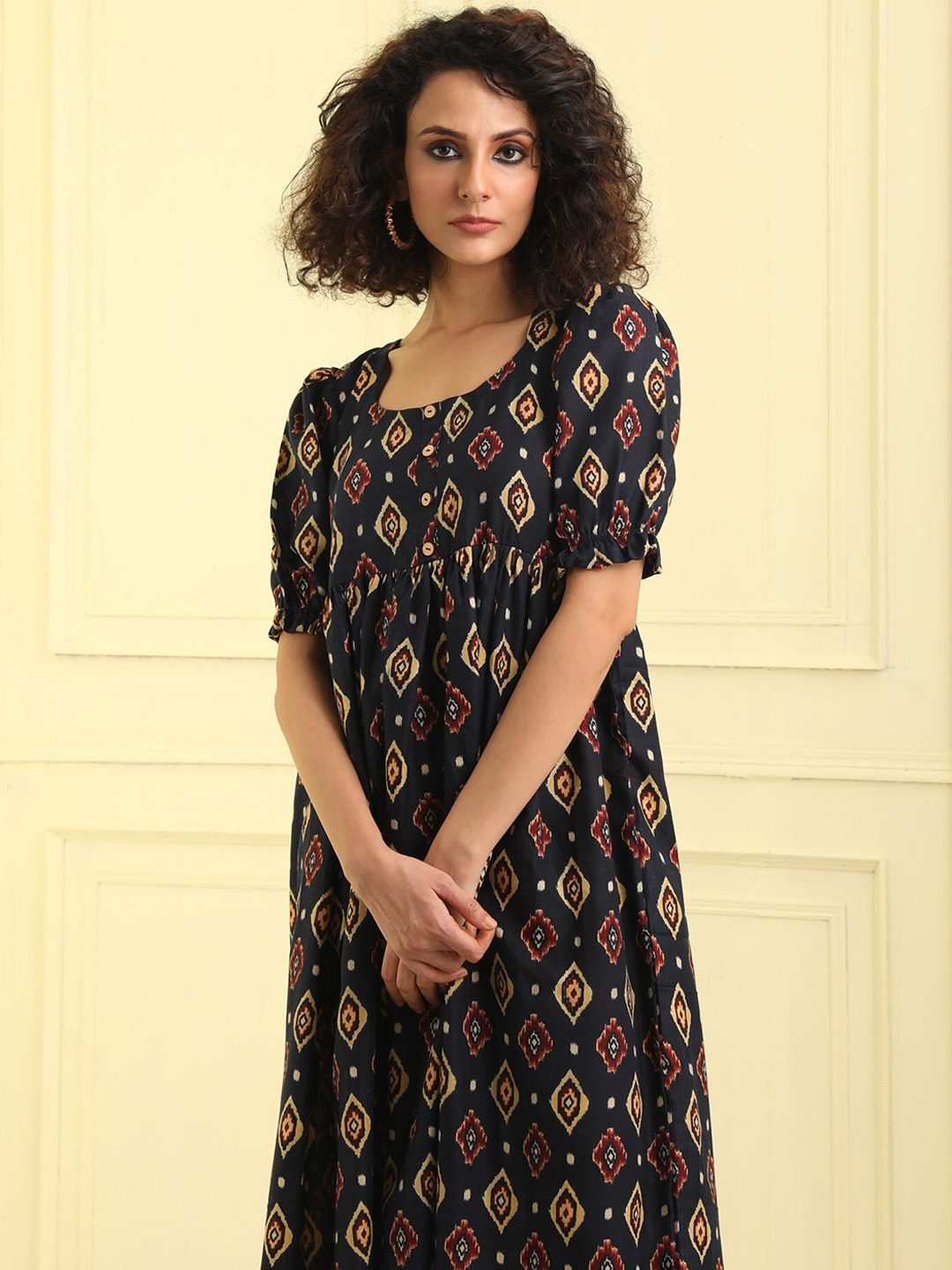 

BEATITUDE Women Printed Linen Midi Ethnic Dress, Navy blue