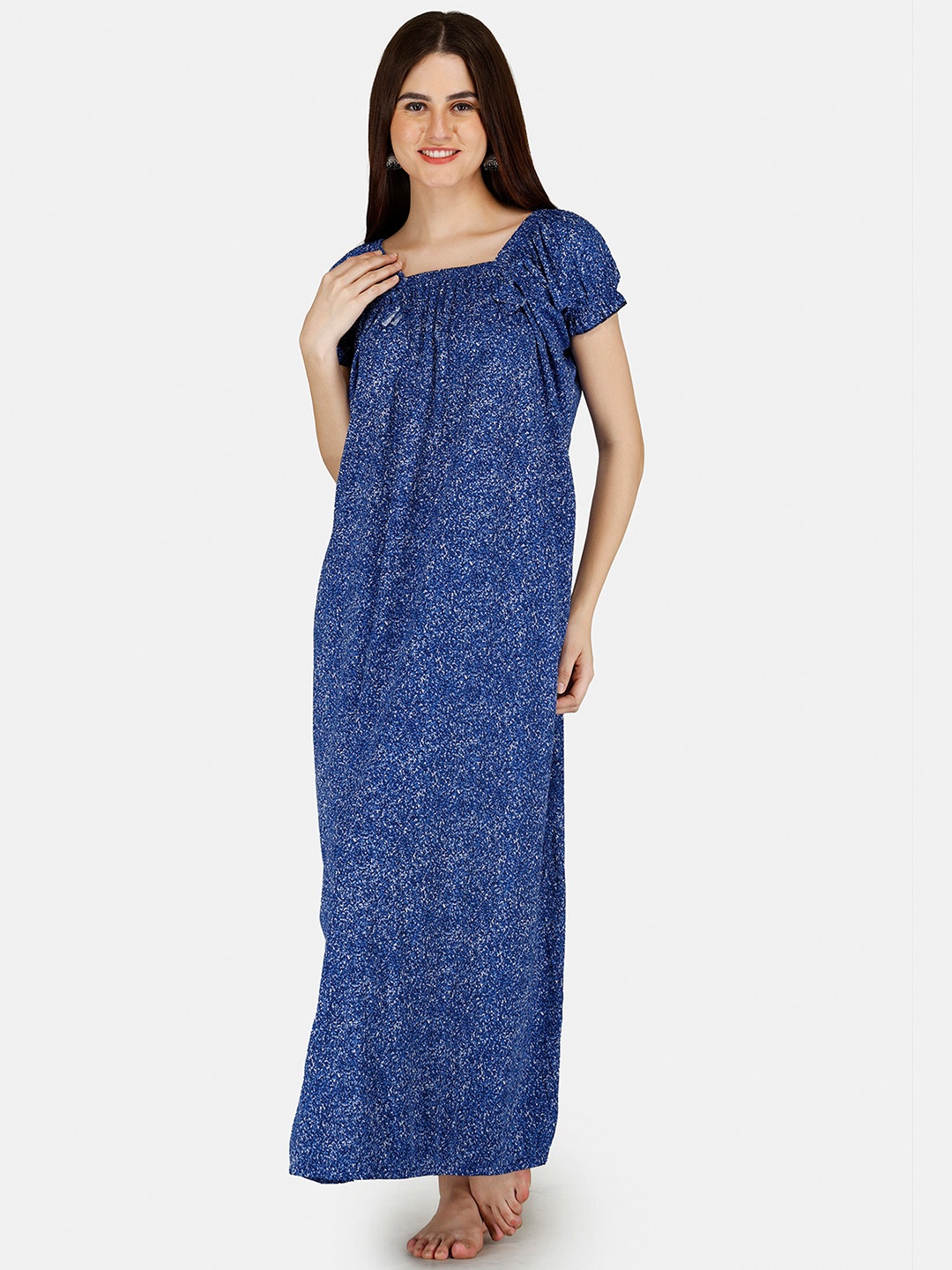 

Be You Women Printed Satin Maxi Nightdress, Blue