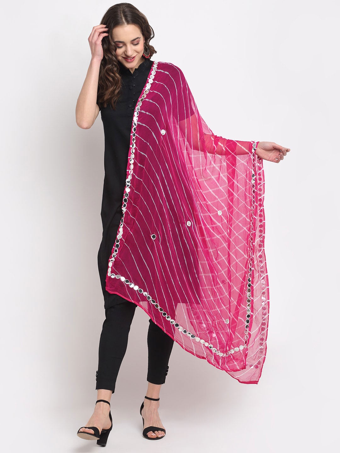 

GLAM STORY Leheriya Mirror Work Dupatta, Pink