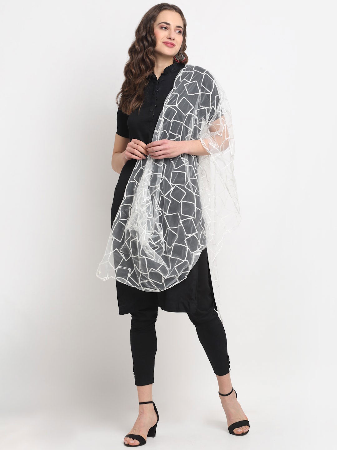 

GLAM STORY Embroidered Netted Dupatta, White