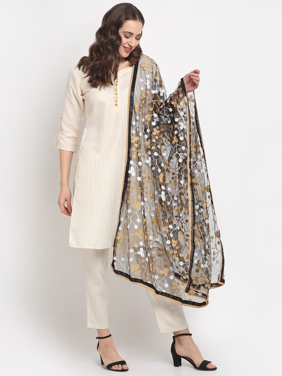

GLAM STORY Embroidered Dupatta with Thread Work, Black