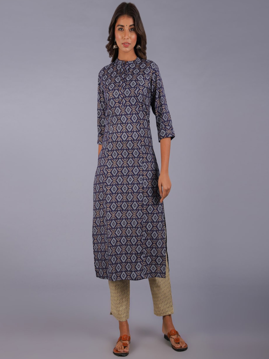 

HERE&NOW Women Geometric Printed Indigo Kurta, Navy blue