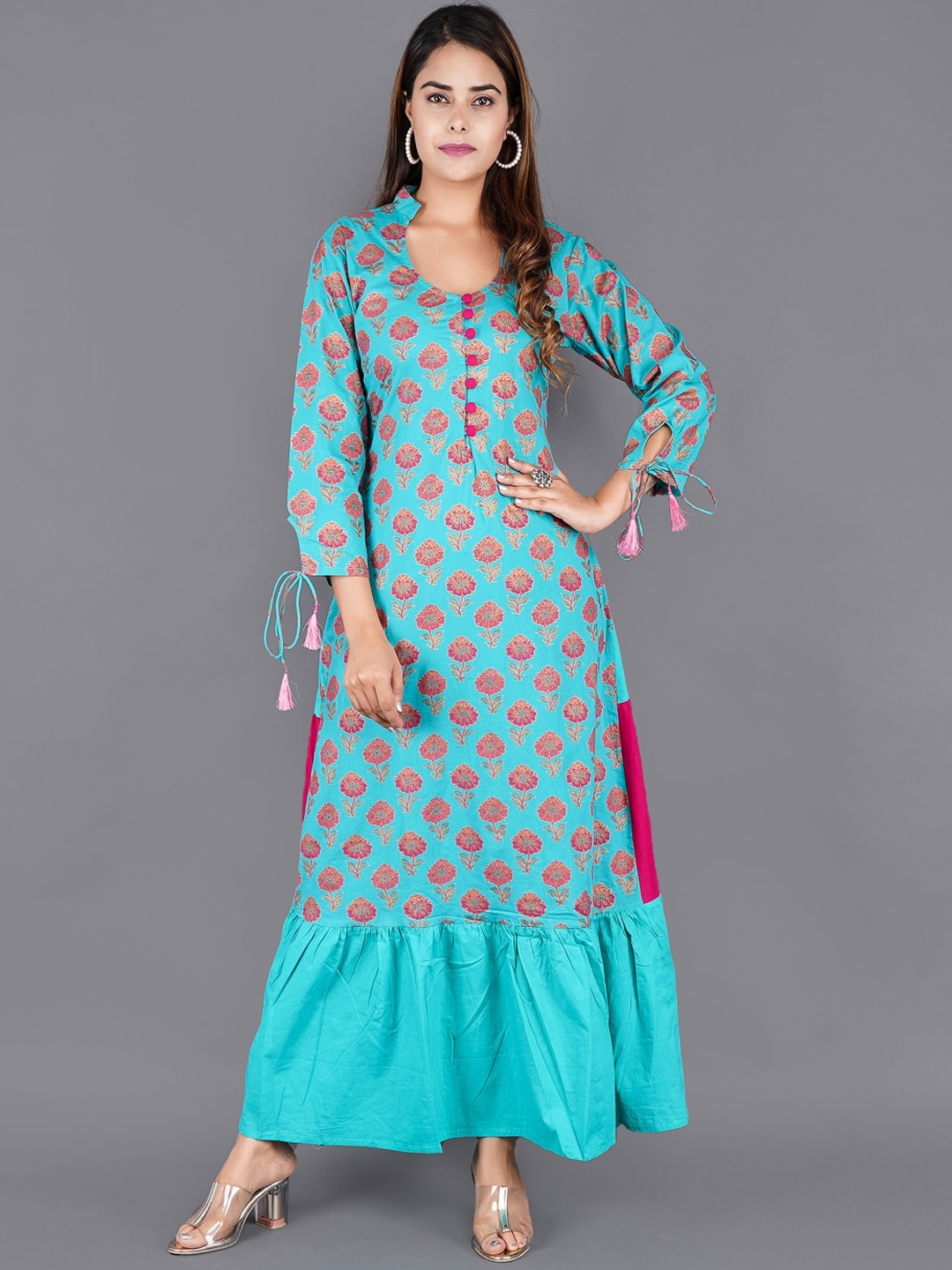 

HERE&NOW Women Floral Printed Tiering Cotton Kurta, Turquoise blue