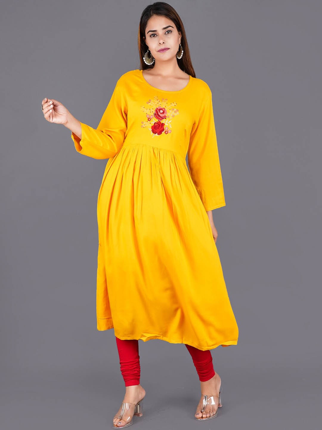 

HERE&NOW Women Floral Embroidered Thread Work Floral Kurta, Yellow