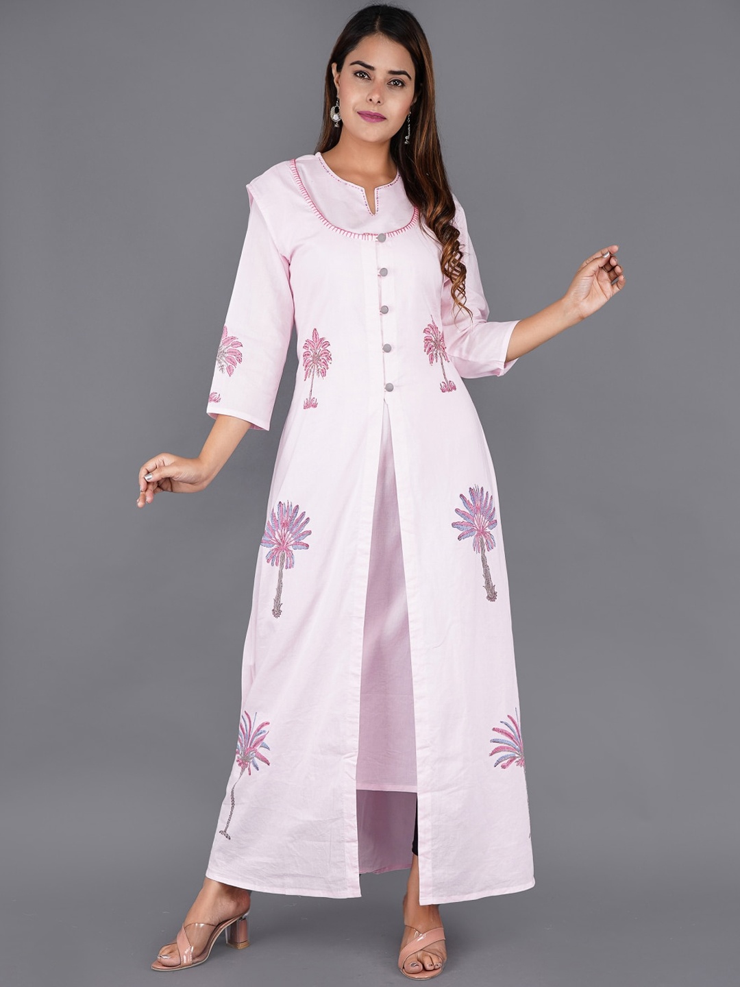 

HERE&NOW Floral Printed Thread Work Cotton Kurta, Pink