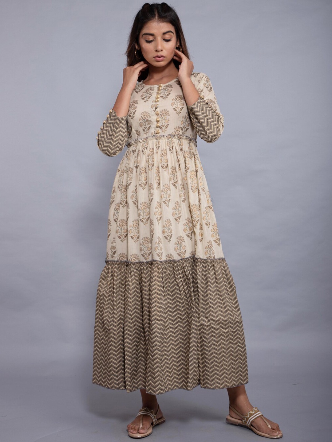 HERE&NOW Women Floral Printed Keyhole Neck Fit & Flare Dress, Beige