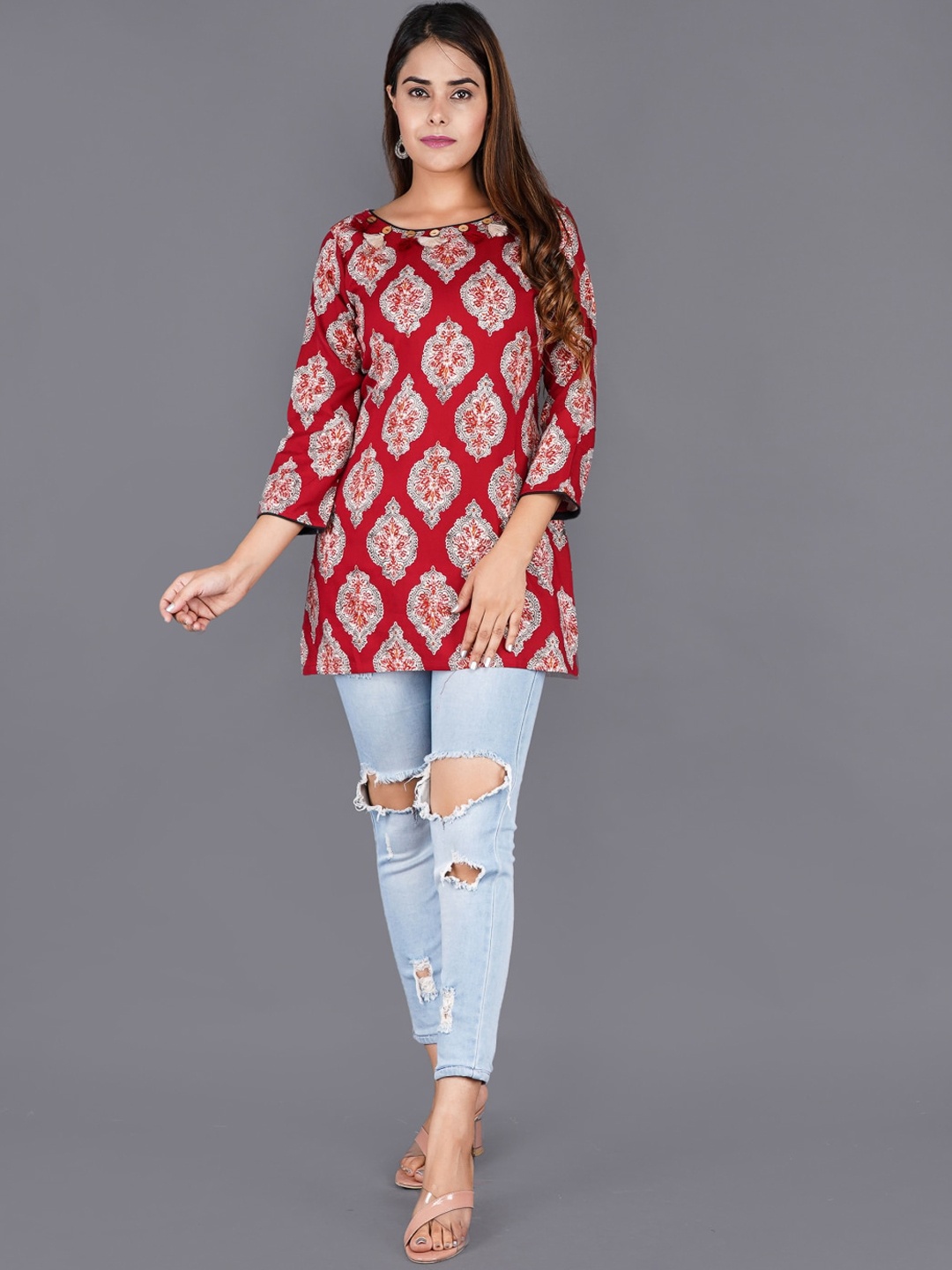 

HERE&NOW Women Ethnic Motifs Printed Indie Prints Kurta, Red