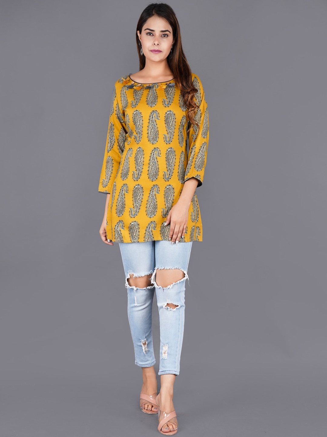 

HERE&NOW Paisley Printed Flared Sleeves Indie Prints Kurta, Yellow