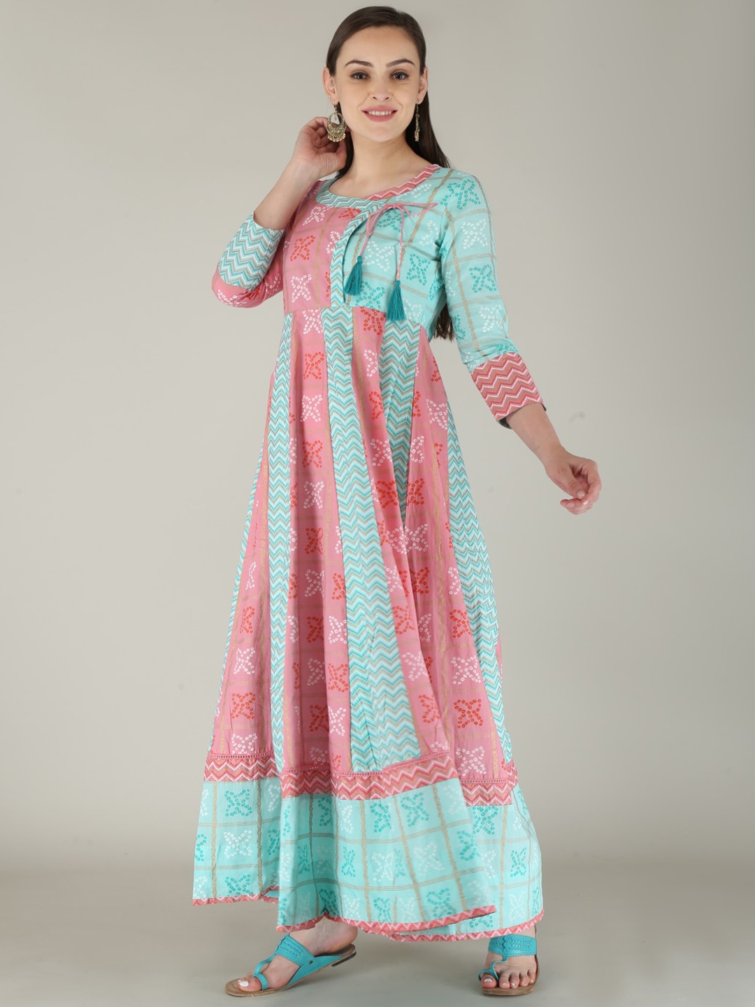 

HERE&NOW Women Bandhani Printed Indie Prints Anarkali Cotton Kurta, Pink