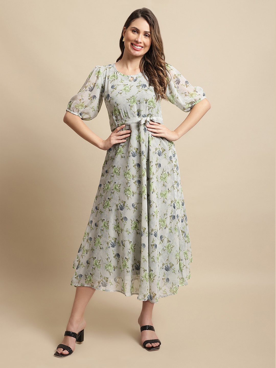 

Fabflee Floral Georgette A-Line Dress, Grey