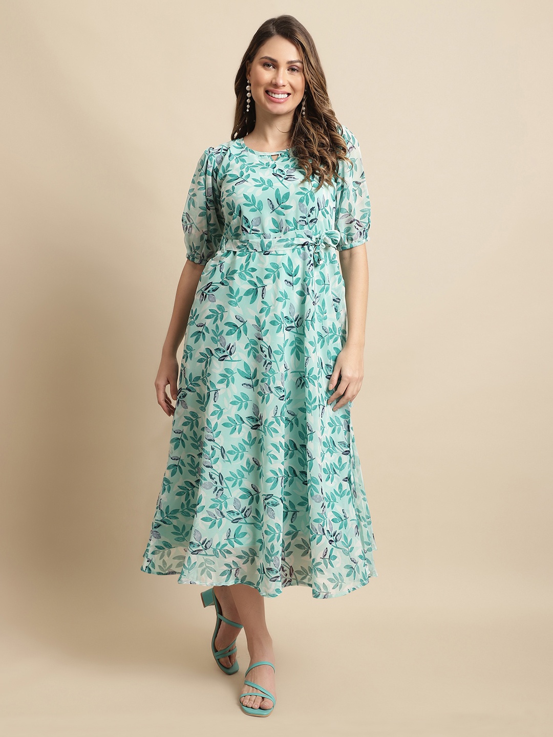 

Fabflee Floral Georgette A-Line Dress, Blue