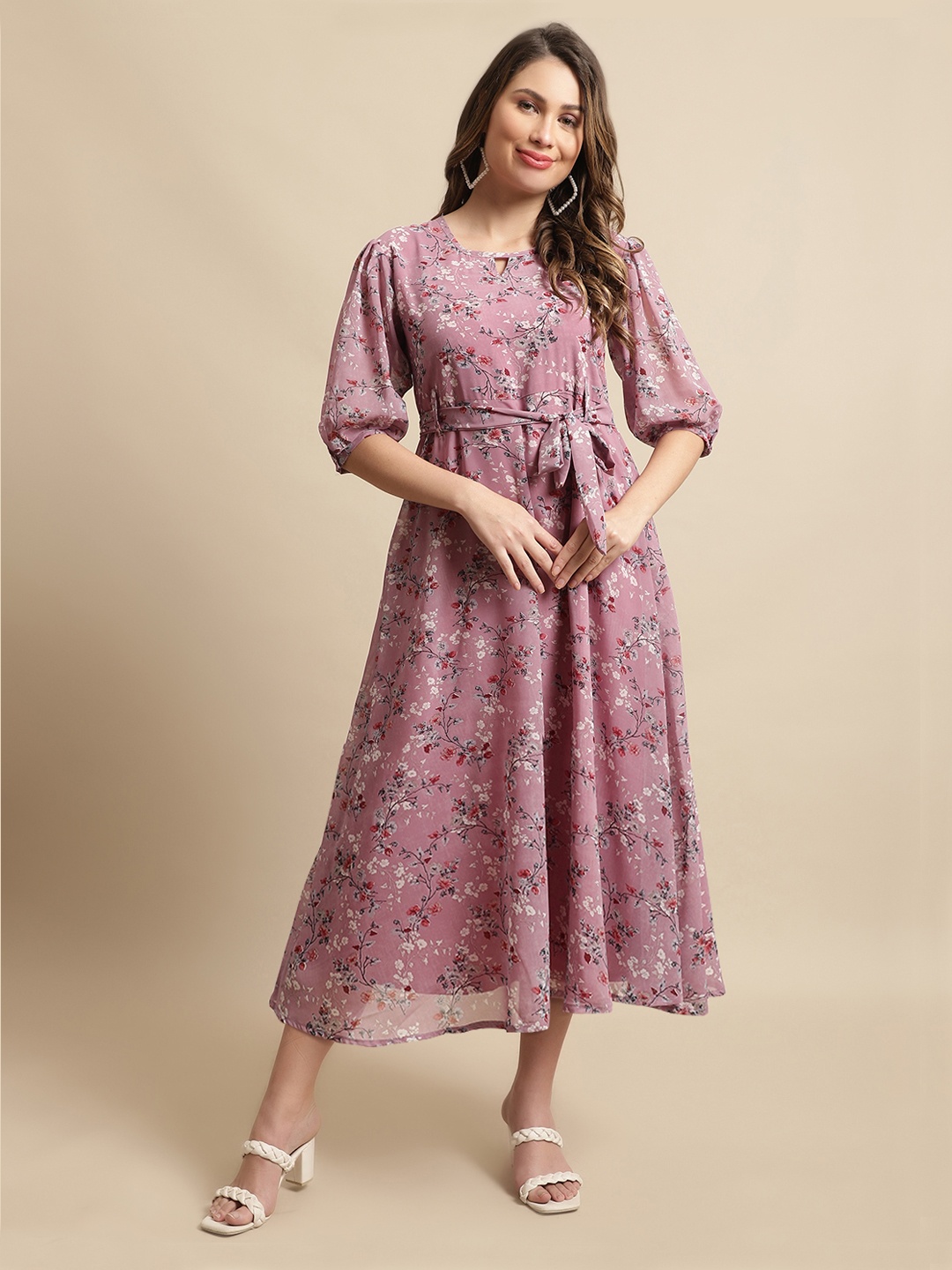 

Fabflee Floral Georgette A-Line Midi Dress, Brown
