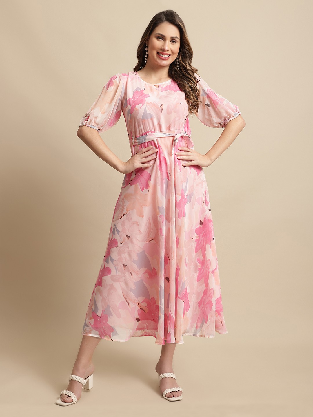 

Fabflee Floral Georgette Empire Midi Dress, Pink