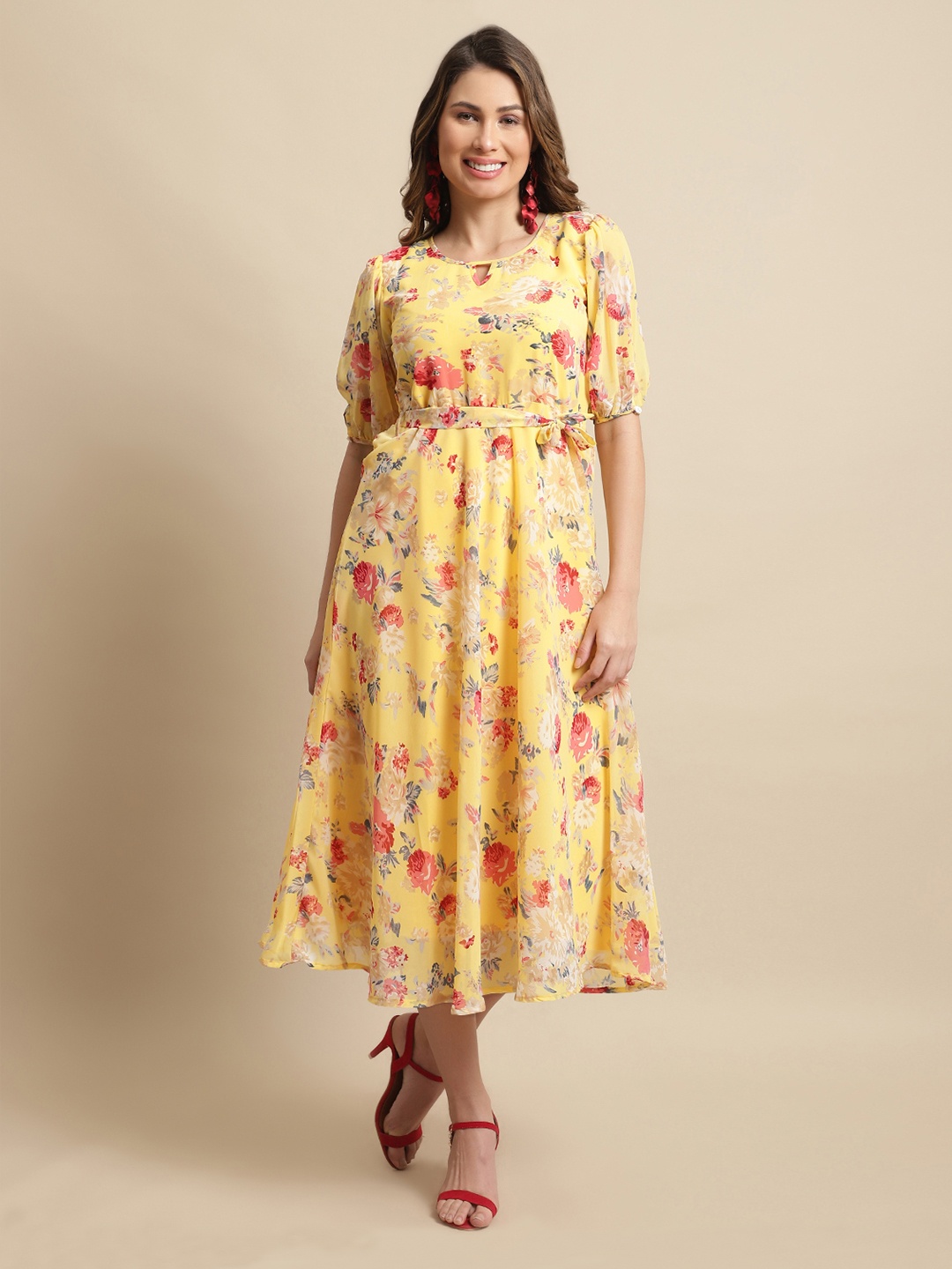 

Fabflee Floral Georgette Midi Dress, Yellow