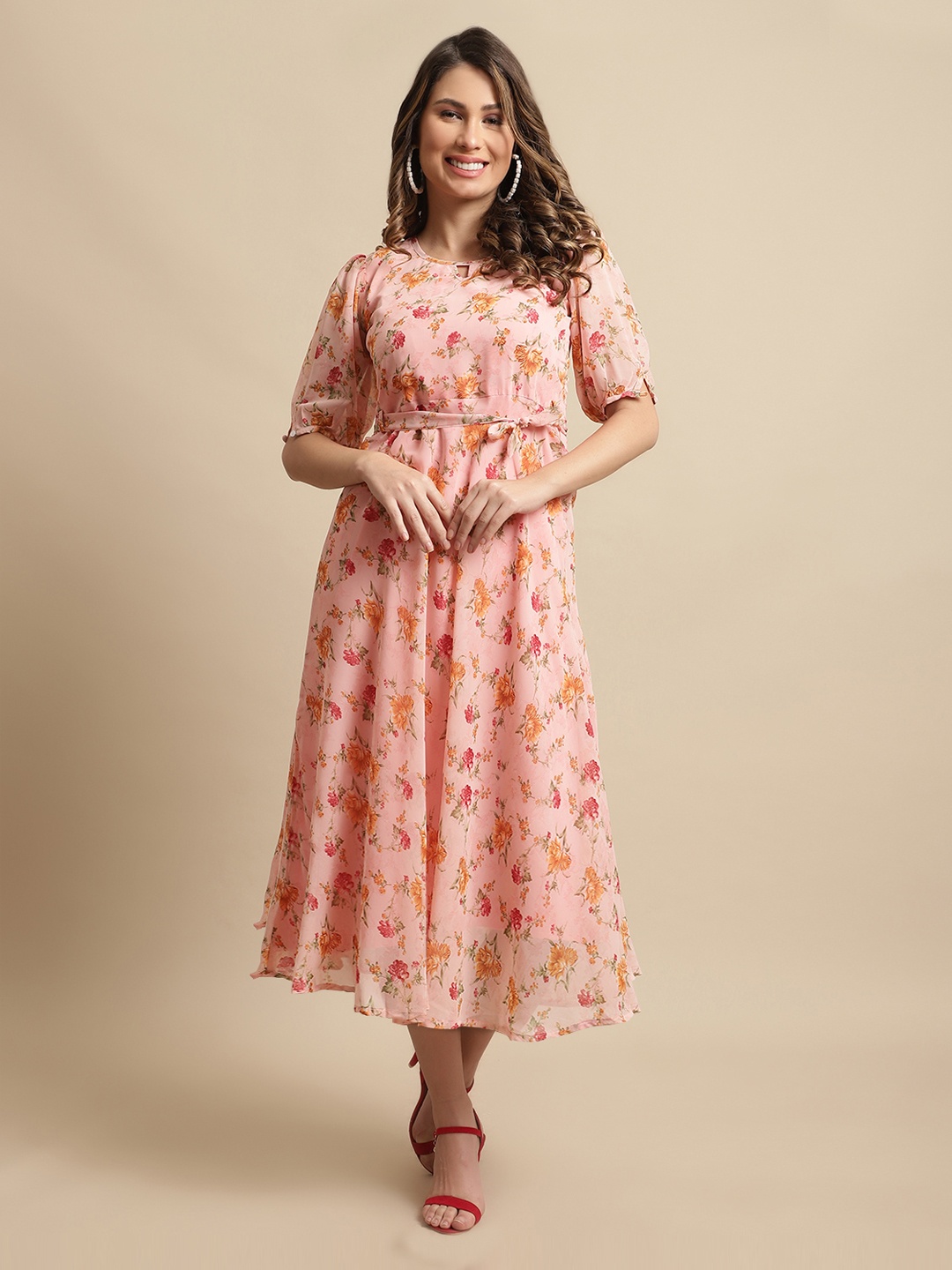 

Fabflee Floral Keyhole Neck Georgette Midi Dress, Peach
