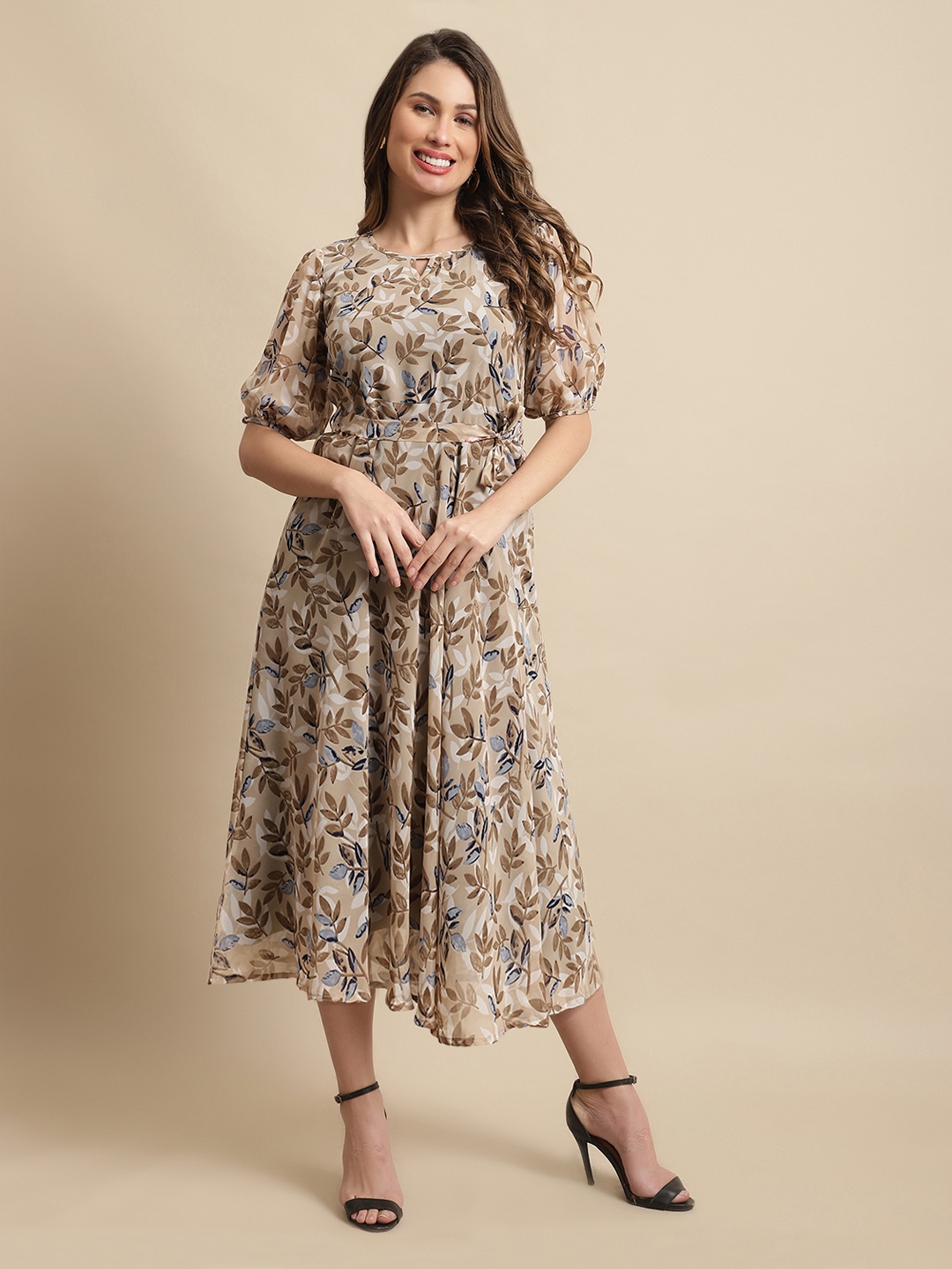 

Fabflee Floral Keyhole Neck Georgette Midi Dress, Taupe