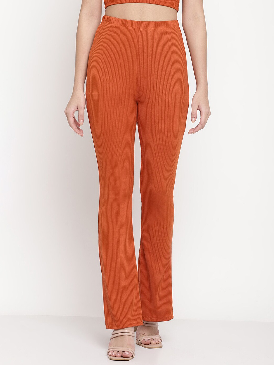

Sugathari Women Relaxed Straight Leg Skinny Fit High-Rise Wrinkle Free Trousers, Rust