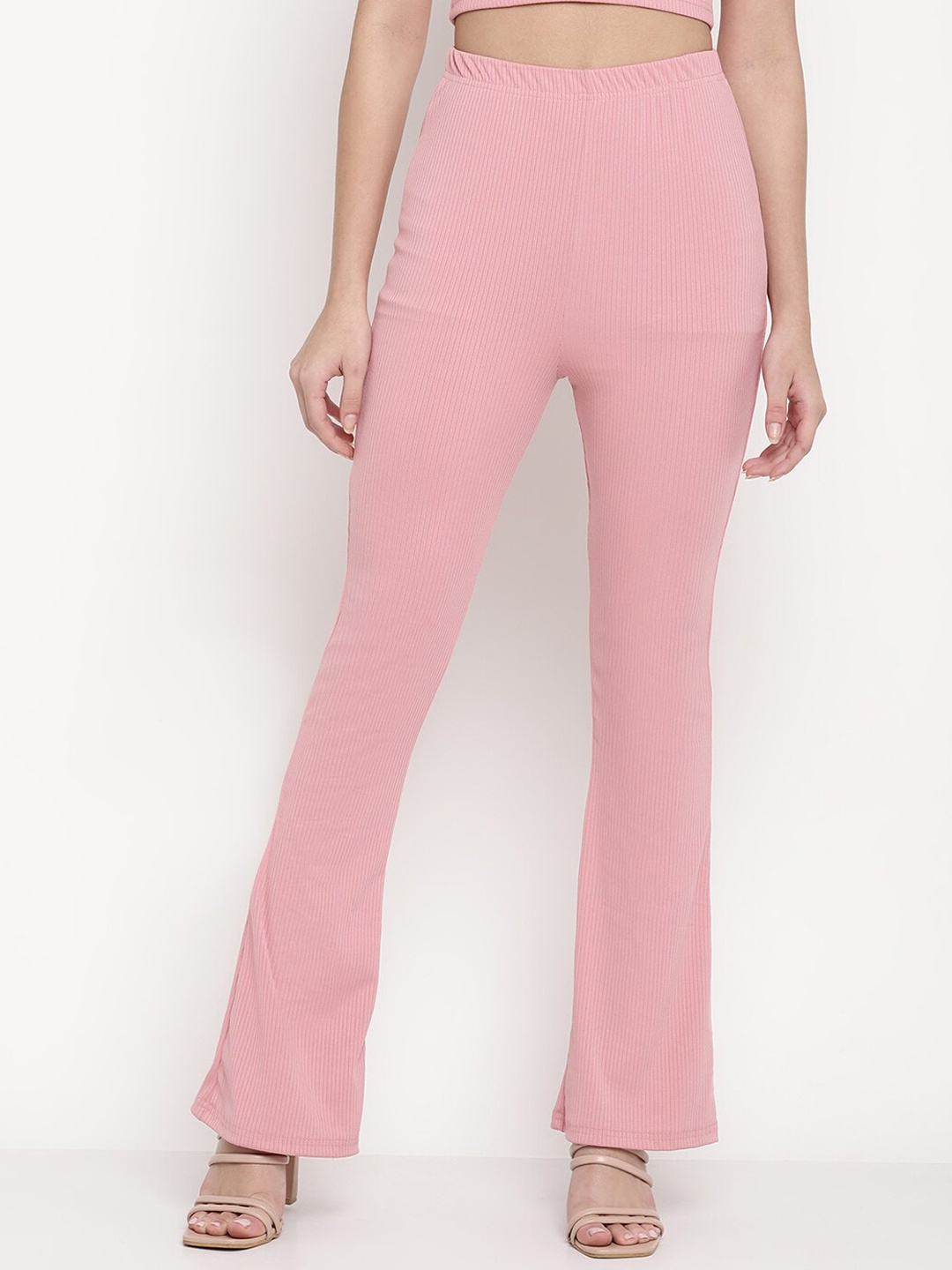 

Sugathari Women Relaxed Straight Leg Skinny Fit High-Rise Wrinkle Free Trousers, Pink