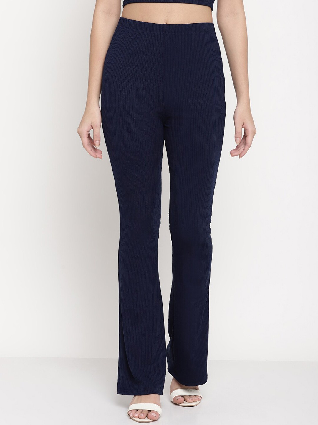 

Sugathari Women Relaxed Straight Leg Skinny Fit High-Rise Wrinkle Free Trousers, Navy blue
