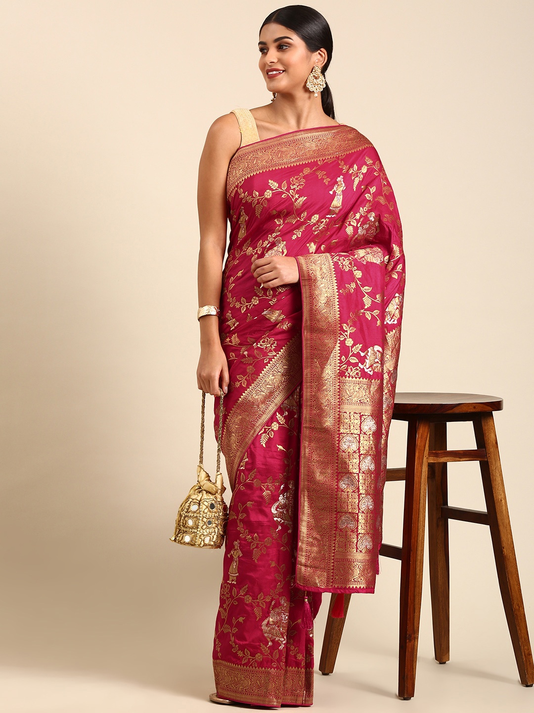 

APPLIX STYLE Floral Zari Pure Silk Banarasi Saree, Red