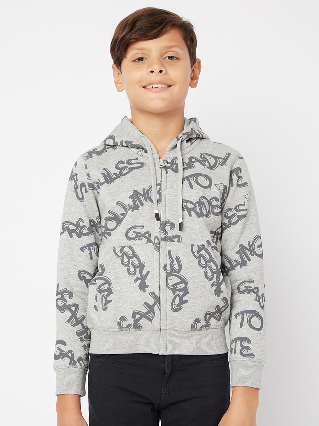 

GAS Boys Printed Hooded Cotton Sweatshirt, Grey