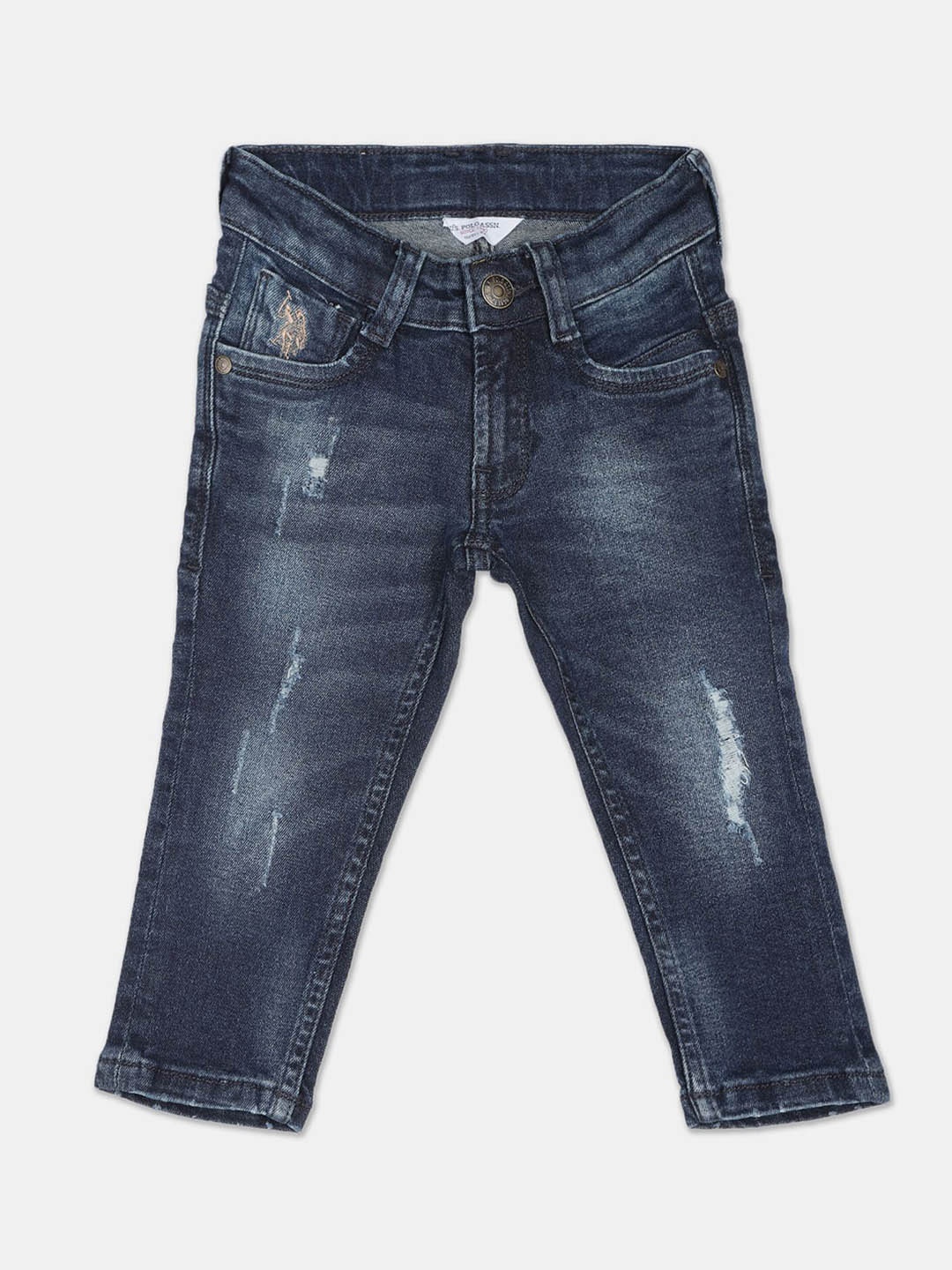 

U.S. Polo Assn. Kids Boys Slim Fit Mildly Distressed Heavy Fade Cotton Jeans, Blue