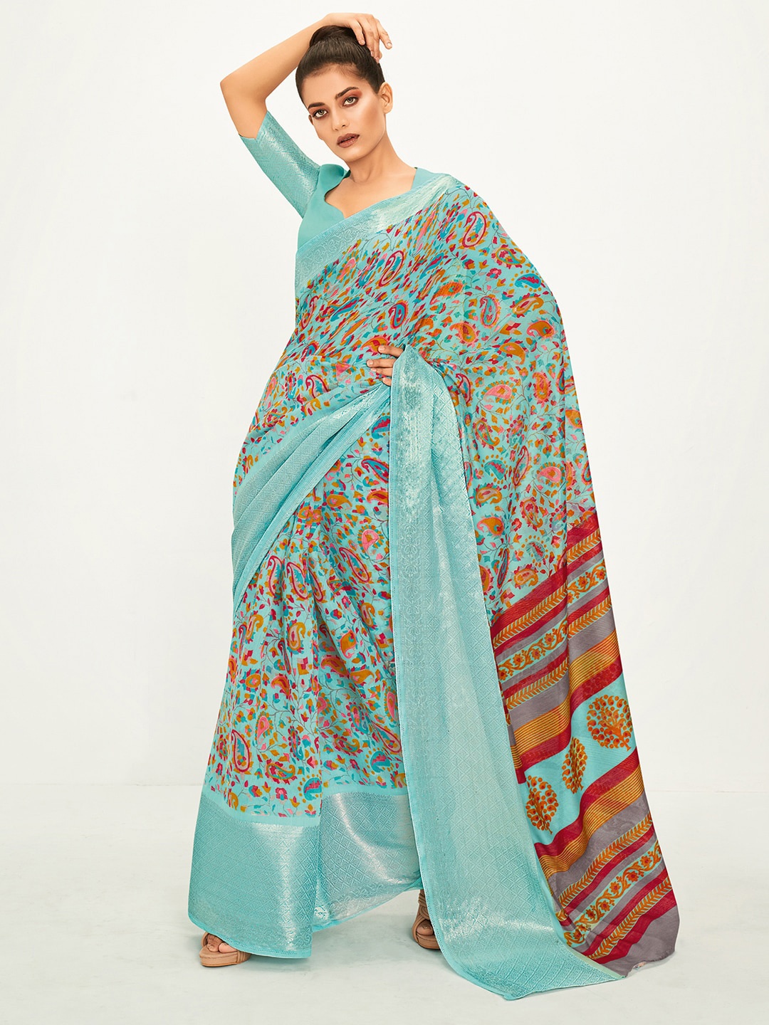 

Saree mall Paisley Printed Zari Chanderi Saree, Turquoise blue