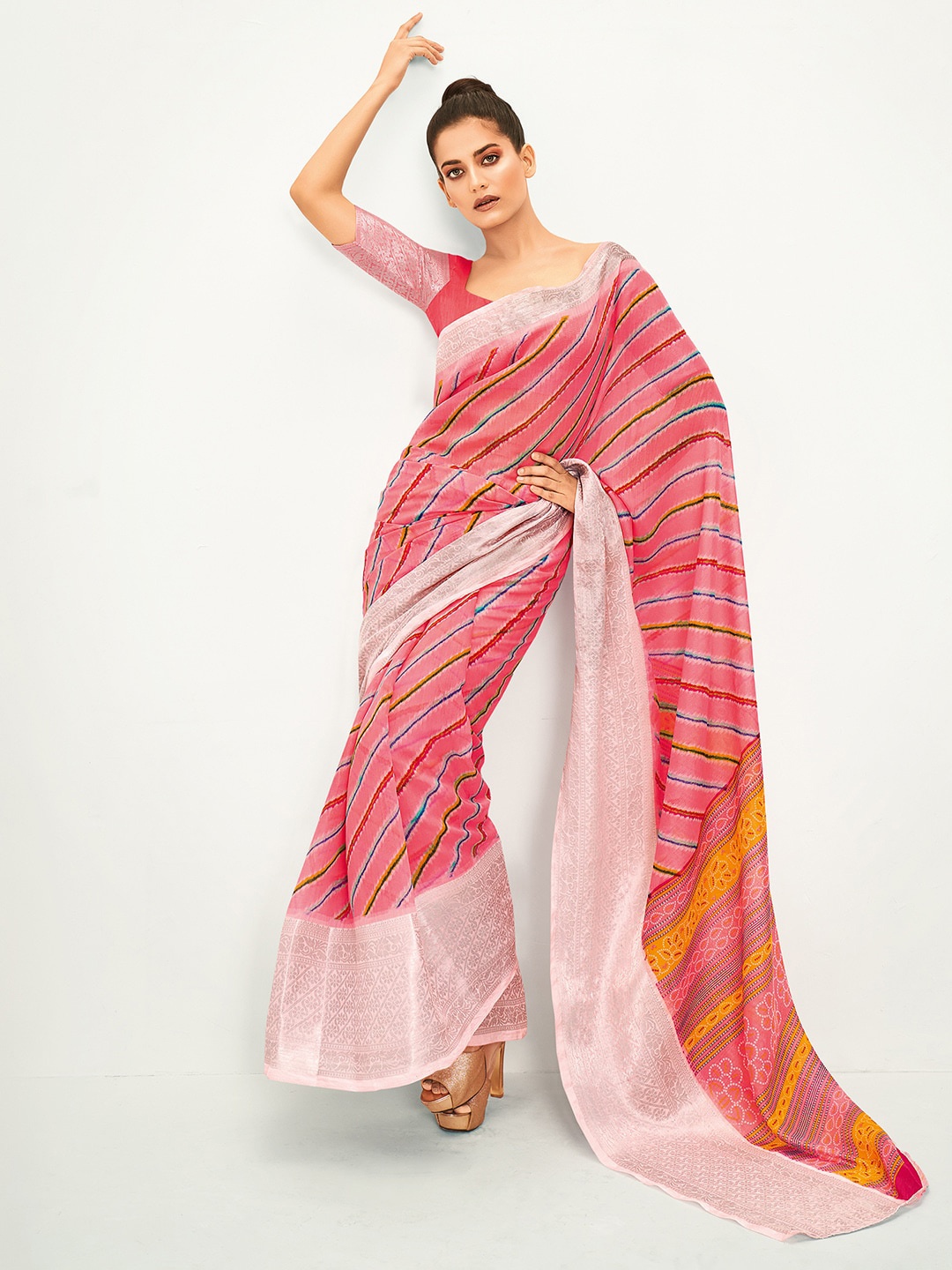 

Saree mall Striped Zari Chanderi Sarees, Pink