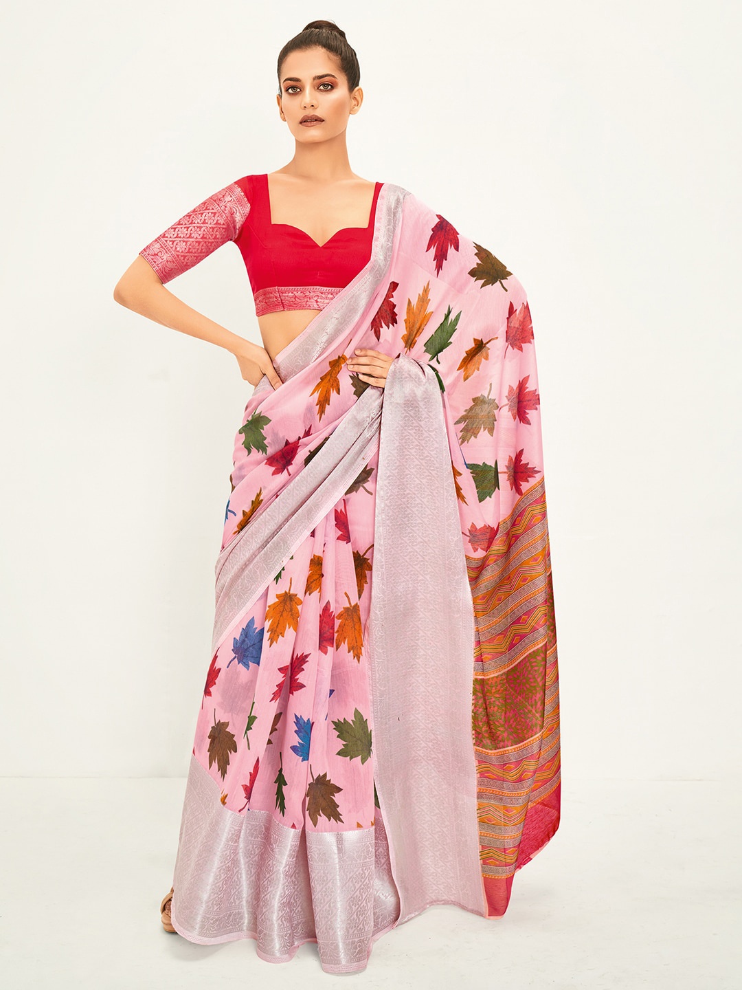 

Saree mall Floral Zari Chanderi Saree, Pink