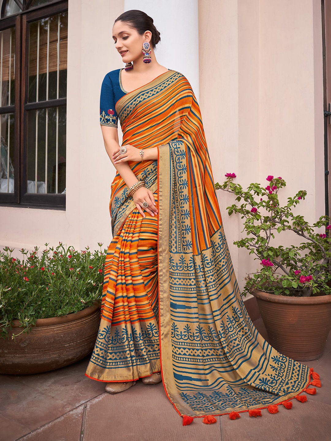 

Saree mall Striped Zari Bagru Festive Traditional Sarees, Orange
