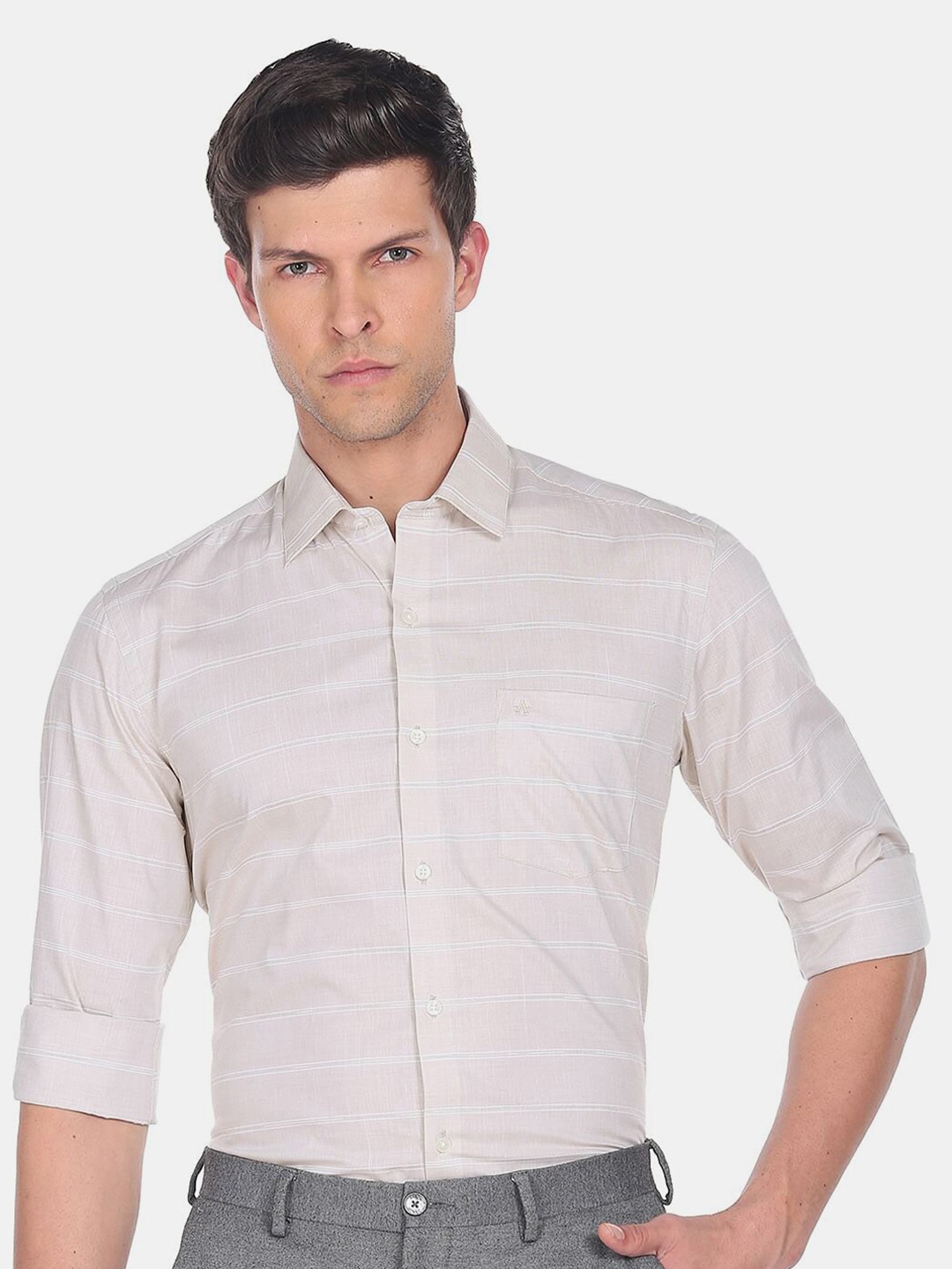 

Arrow Men Cotton Slim Fit Horizontal Striped Formal Shirt, Beige
