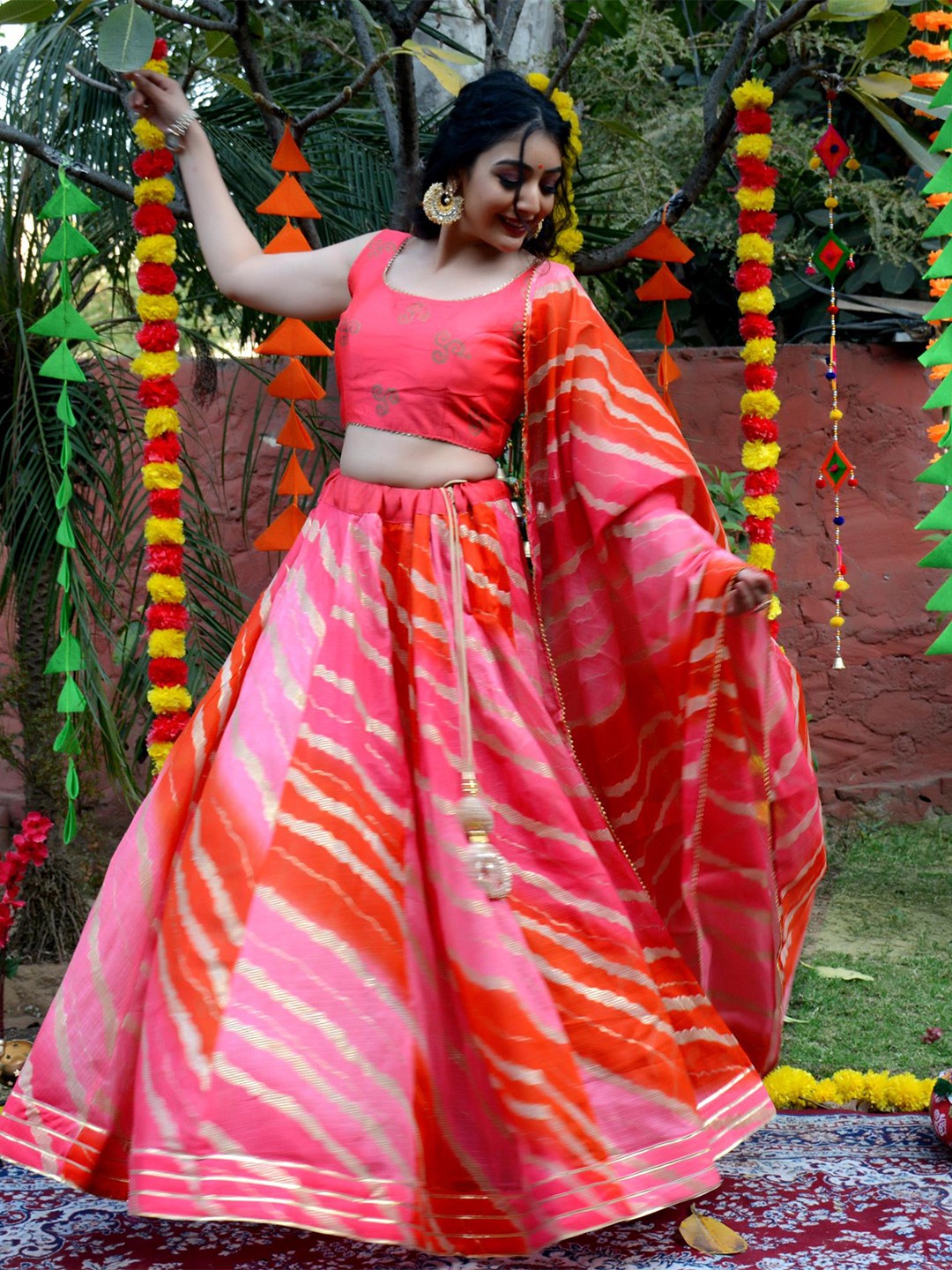 

Indi INSIDE Pink & Gold-Toned Foil Print Ready to Wear Lehenga & Unstitched Blouse With Dupatta