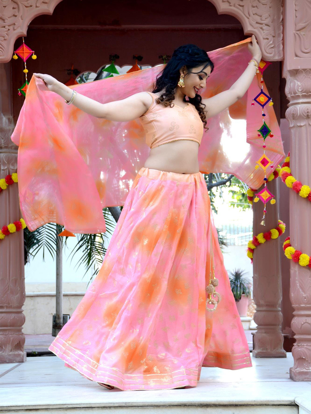

Indi INSIDE Pink & Orange Embroidered Foil Print Ready to Wear Lehenga & Unstitched Blouse With Dupatta