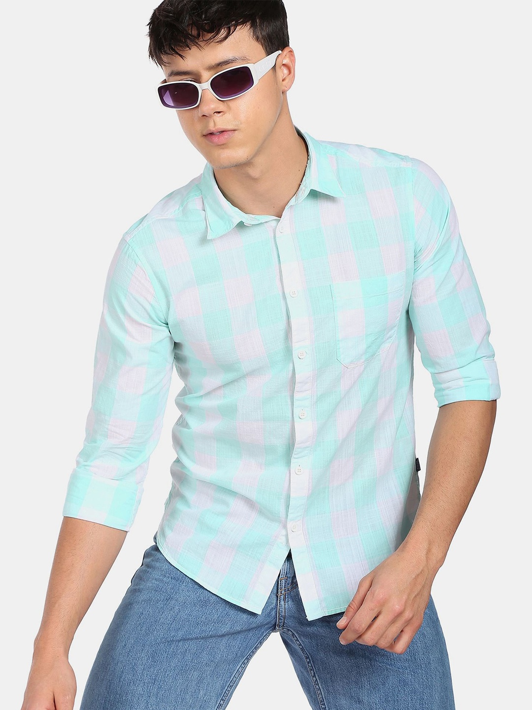

Flying Machine Slub Buffalo Check Spread Collar Casual Shirt, Sea green