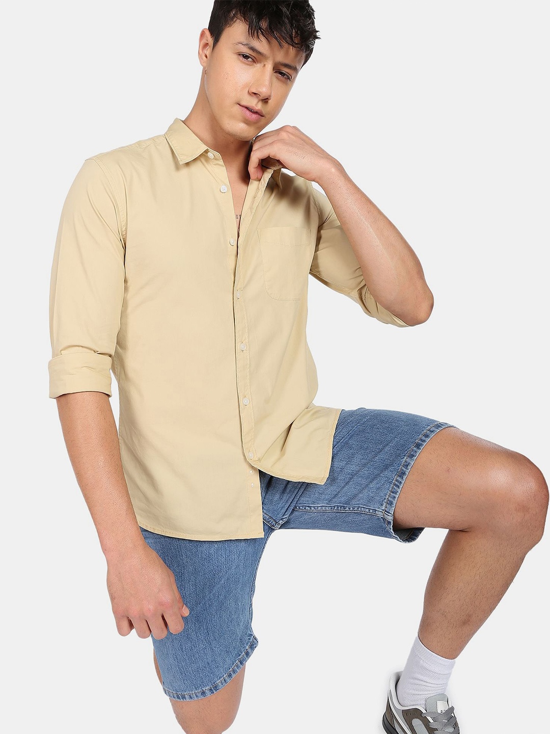 

Flying Machine Spread Collar Stretch Poplin Casual Shirt, Beige