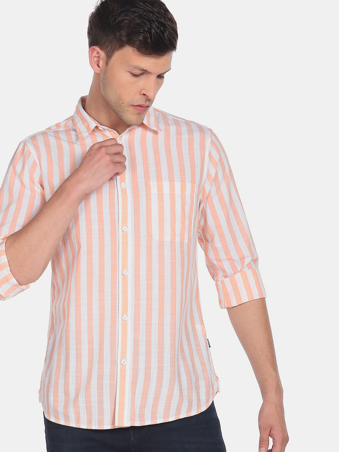 

Flying Machine Slub Vertical Stripe Spread Collar Casual Shirt, Orange