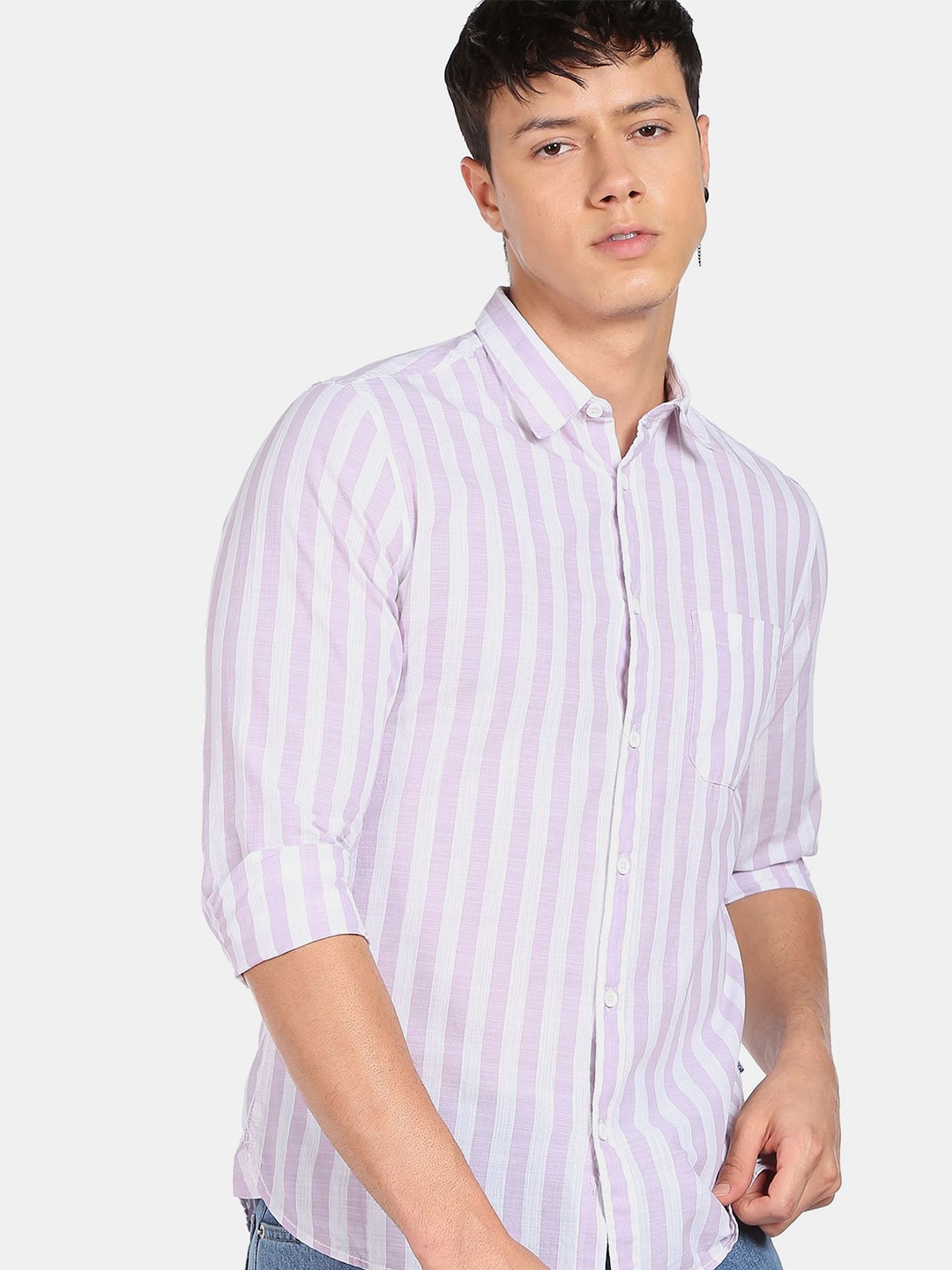 

Flying Machine Slub Vertical Stripe Spread Collar Casual Shirt, Purple