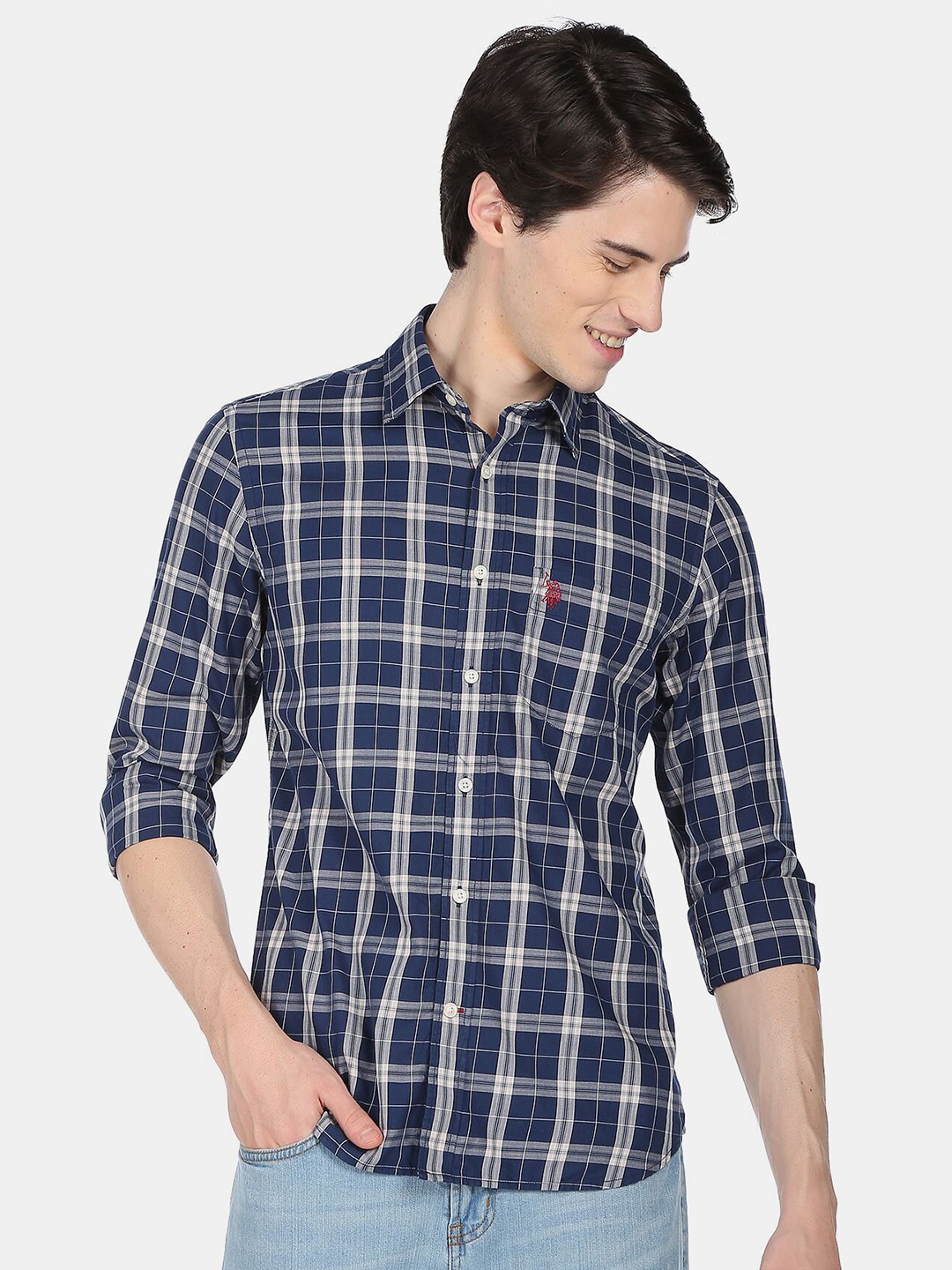 

U.S. Polo Assn. Men Tartan Checks Casual Pure Cotton Shirt, Navy blue