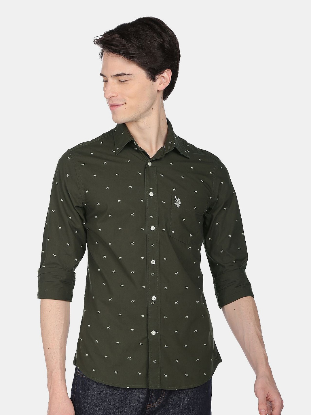 

U S Polo Assn Men Green Printed Casual Shirt