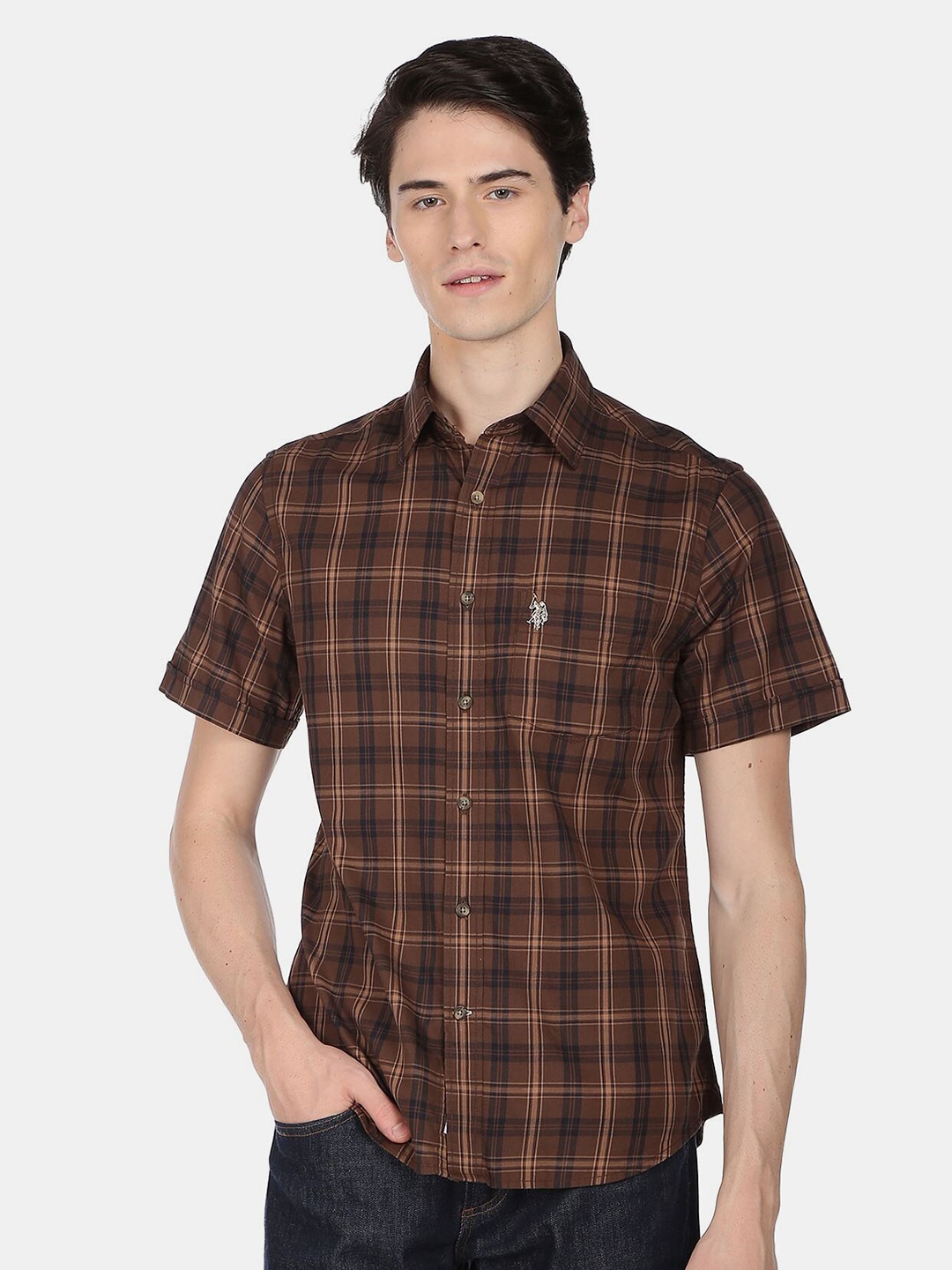 

U.S. Polo Assn. Men Tartan Checks Casual Pure Cotton Shirt, Brown
