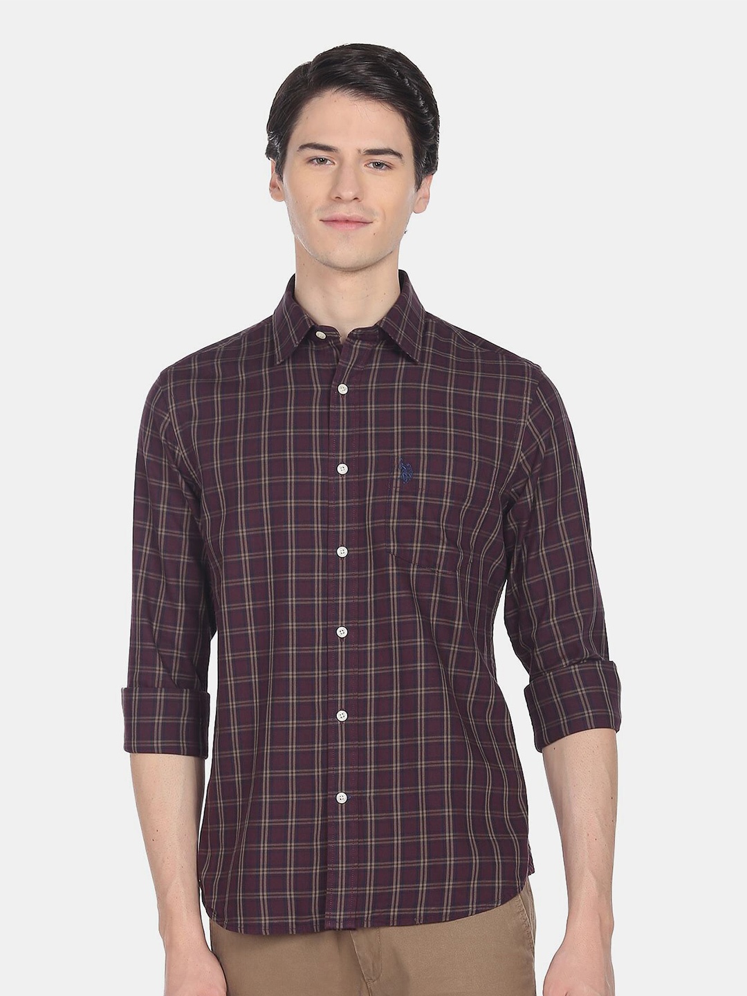 

U.S. Polo Assn. Men Cotton Grid Tattersall Checks Formal Shirt, Red