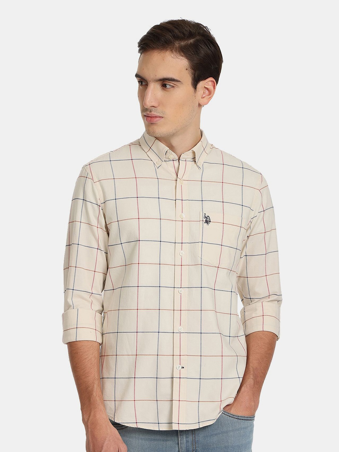 

U.S. Polo Assn. Men Cotton Windowpane Checks Casual Shirt, Beige