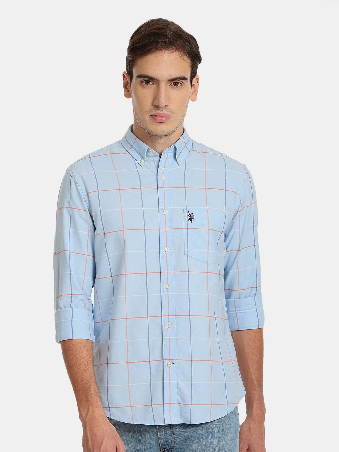 

U.S. Polo Assn. Men Cotton Windowpane Checks Casual Shirt, Blue