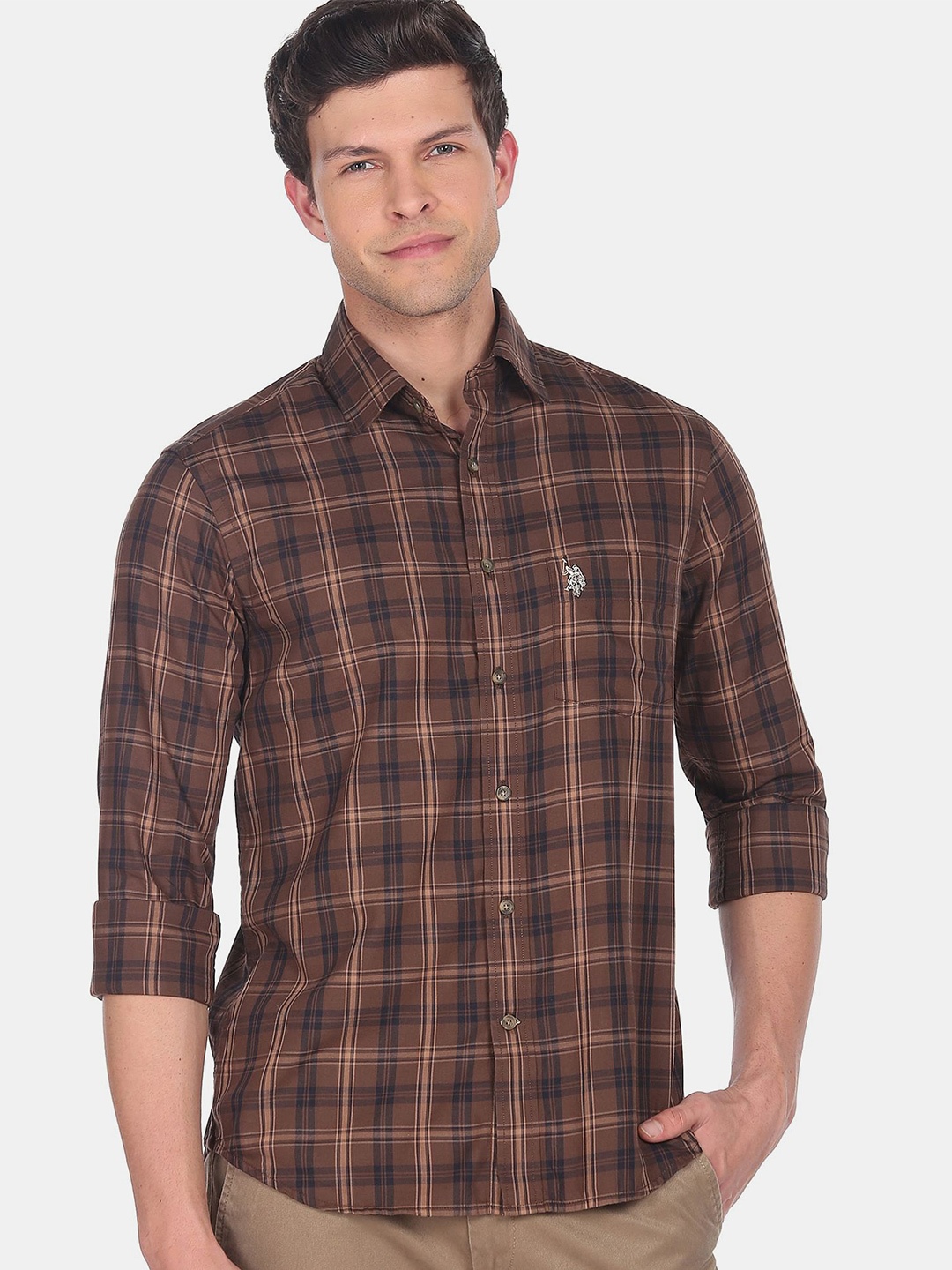 

U.S. Polo Assn. Men Checked Casual Cotton Shirt, Brown