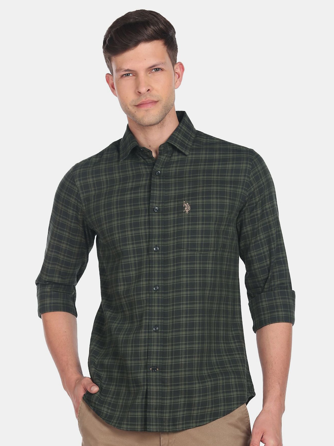 

U.S. Polo Assn. Men Checked Casual Cotton Shirt, Olive